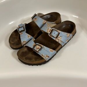 Birkenstock Blue Floral Birkis 240 Leather Sandals 2 Strap Ladies 6 Slides Shoes